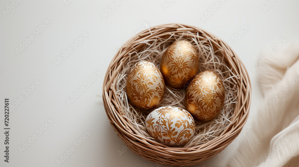 Easter. Gold Easter eggs in a wicker nest with willow branches Easter. Gold Easter eggs in a wicker nest with willow branches