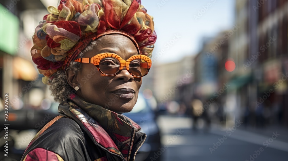 Chinatown Chronicles: Joyful Moments on Urban Streets. Joyful African American woman experiencing the vibrancy of Chinatown.