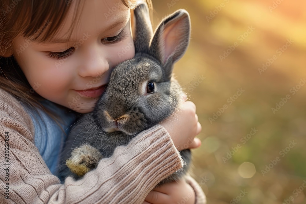 Child Cuddling with a Rabbit in Golden Hour. Close-up of a child in a cozy sweater cuddling a rabbit during golden hour. Child Cuddling with a Rabbit in Golden Hour. Close-up of a child in a cozy sweater cuddling a rabbit during golden hour.