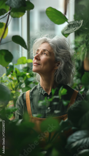 Uma mulher de meia idade em um jardim verde cheio de plantas 