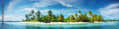 Panorama of a tropical beach with coconut palm trees