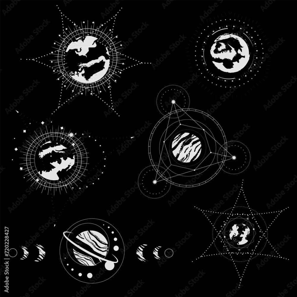 Set of vector mystical drawings, stylized solar system. black and white. planets. Moon phases Set of vector mystical drawings, stylized solar system. black and white. planets. Moon phases