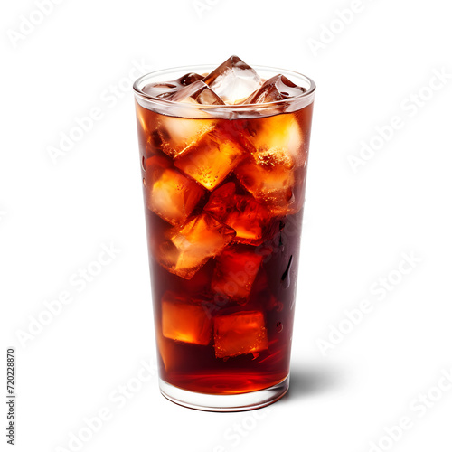 Tall glass with cold cola and ice cubes isolated on white background. Generative Ai.