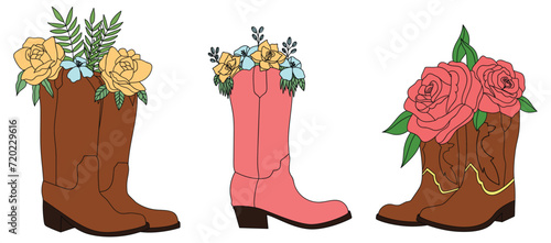 Floral cowgirl boots illustration set. Cowboy boots with flower drawings set