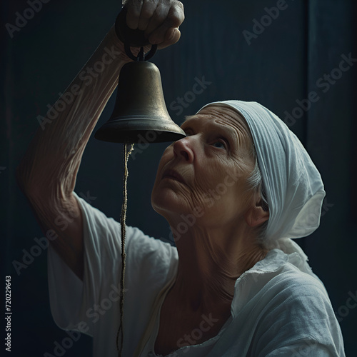 cancer curable hopful cancer patient after winning war of life, old woman in white dress with bell, cancer day awareness, save from cancer,  photo