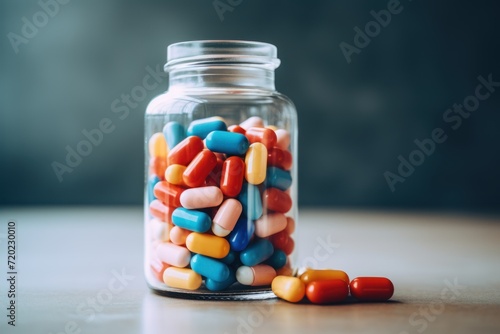 Colorful pills in a glass jar on wooden table with copy space. The concept of pharmacology, maintaining health with pills and supplements photo