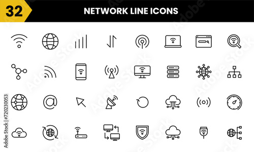 Internet network line vector icon set. This set includes various elements such as globe, computer, information, connection, technology and etc. Simple icon graphic symbol design