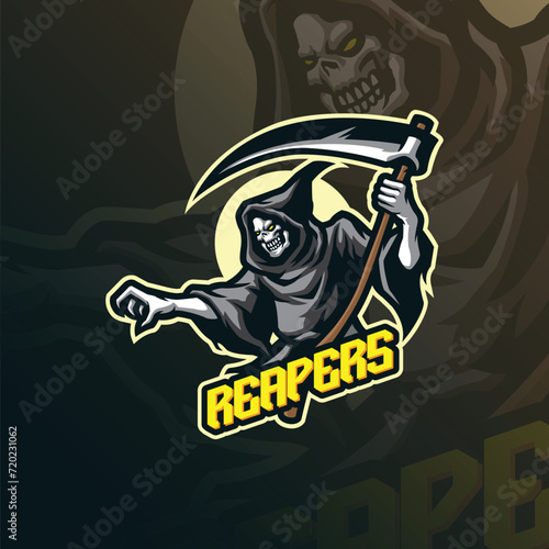 Reaper mascot logo design vector with modern illustration concept style for badge, emblem and t shirt printing. Angry reaper illustration for sport and esport team.