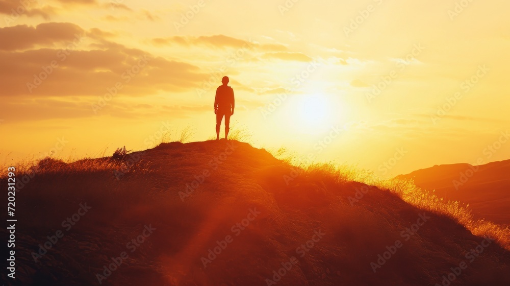 Amidst a breathtaking landscape, a solitary figure stands atop a sun-kissed hill, basking in the golden hues of a stunning sunset