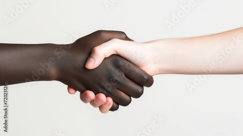 Dark-skinned hand shakes hands with a white-skinned man on a white background. Representing the equality and friendship of nations © GeorgeAI