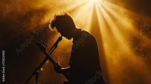 A talented musician serenades the crowd with his guitar under the warm sun, as the vibrant backlighting adds to the electrifying atmosphere of the outdoor rock concert photo