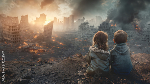 Children sit in front of a burnt city destroyed due to military conflict photo