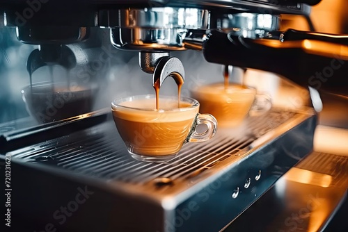 Professional barista perfecting art of coffee making in cafe. Espresso flows aroma and fresh start to morning. In background modern coffee machine crafts cappuccinos uniting tradition and technology