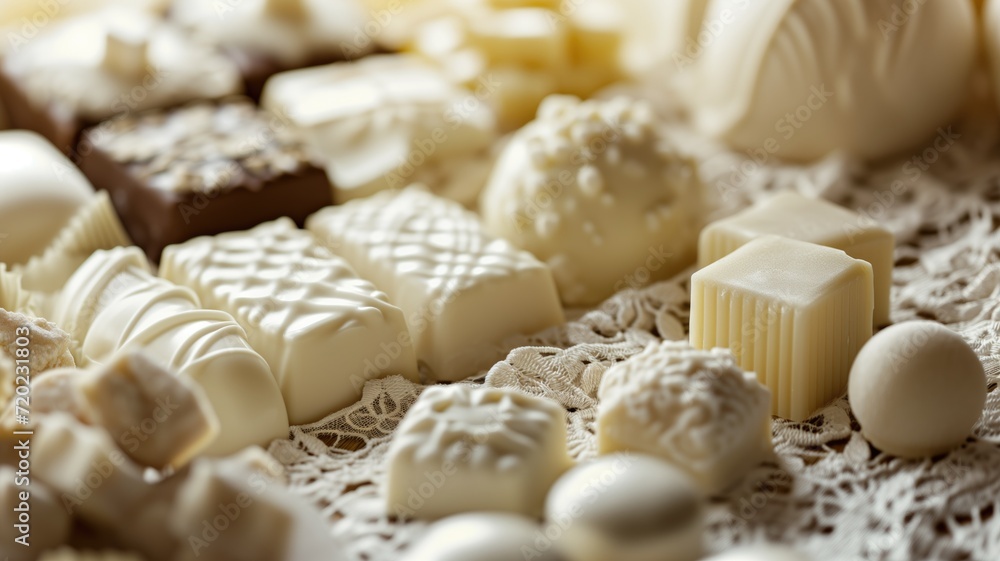 An assortment of white and dark chocolates on a lace cloth An assortment of white and dark chocolates on a lace cloth