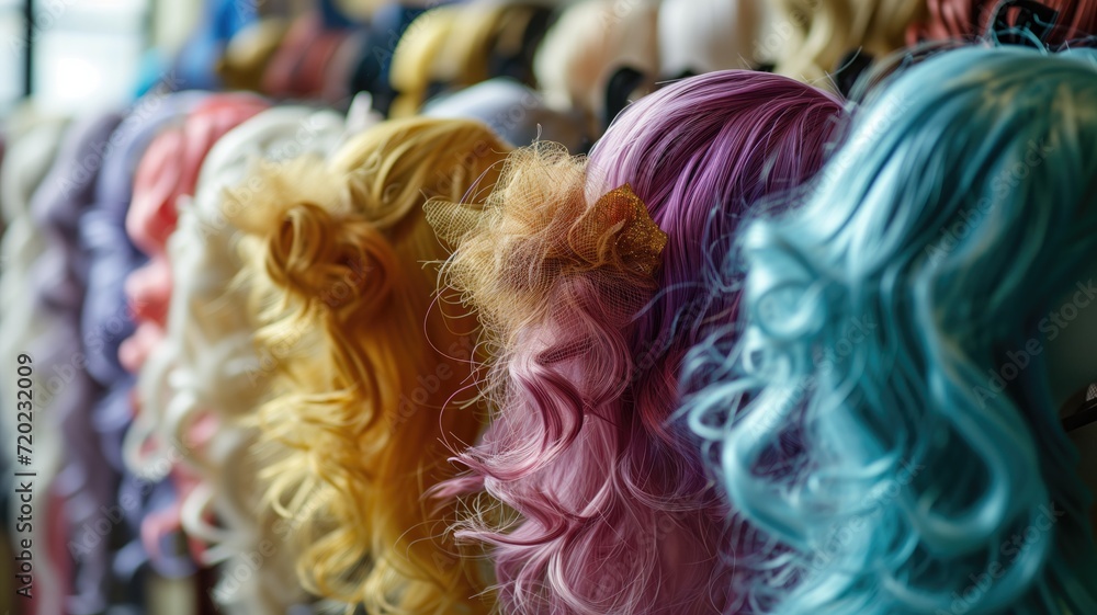 Vibrant wigs on mannequins with a soft focus background Vibrant wigs on mannequins with a soft focus background