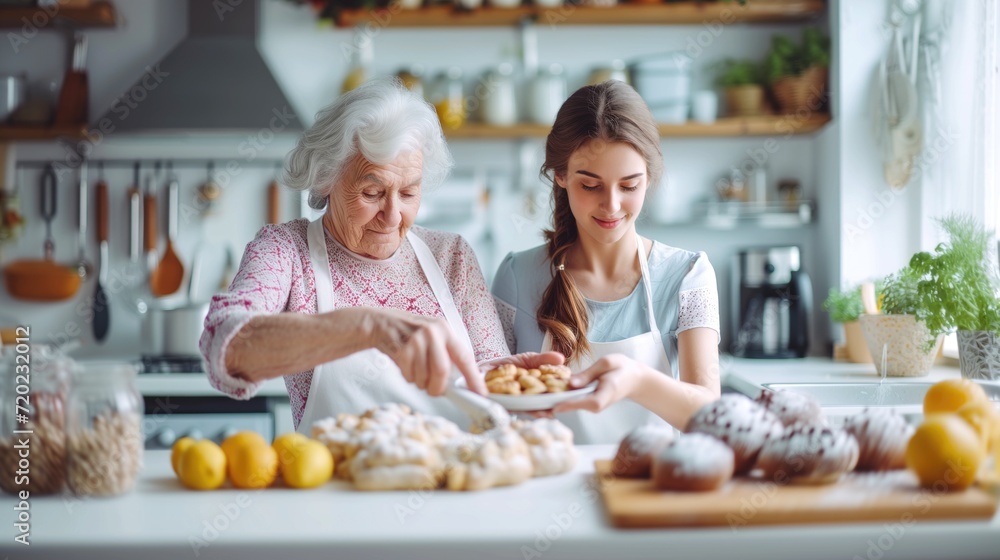 Elderly grandmother and her adult young granddaughter preparing muffins with lemons in light kitchen smiling and happy