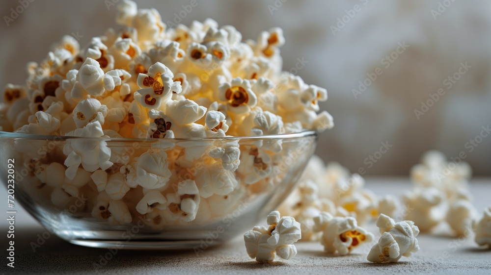 A clear glass bowl overflowing with popped popcorn kernels A clear glass bowl overflowing with popped popcorn kernels