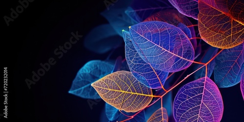 Plant leaf skeletons blacklight neon colors on black background.