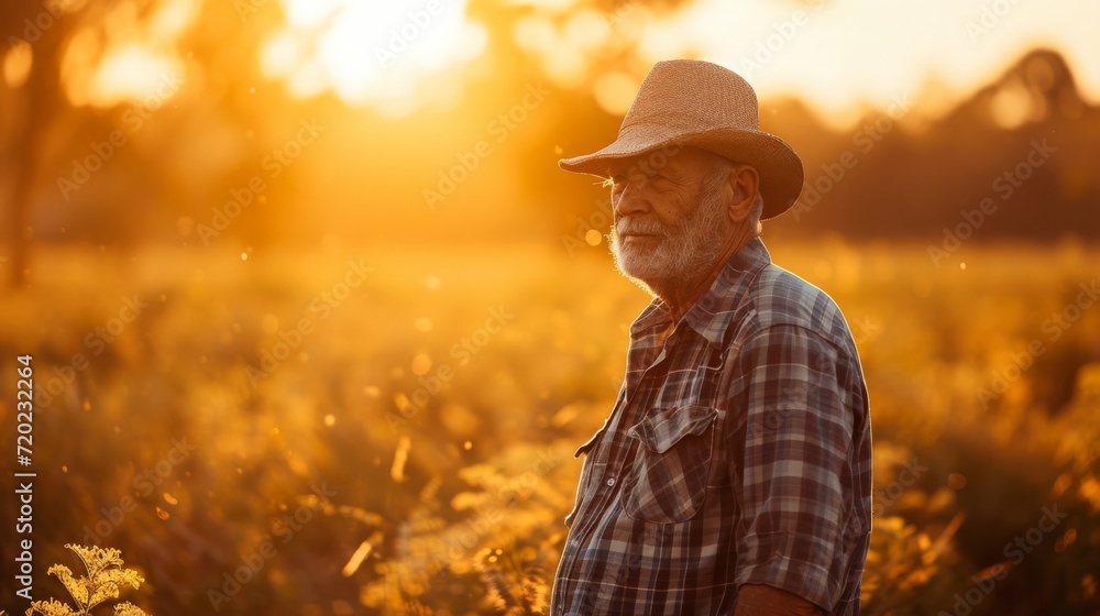 A rugged man stands tall in a sun-kissed field, his weathered cowboy hat and stylish sun hat representing both his love for nature and his sense of fashion A rugged man stands tall in a sun-kissed field, his weathered cowboy hat and stylish sun hat representing both his love for nature and his sense of fashion