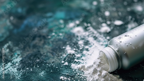 A toppled white bottle spilling powder on a blue surface photo