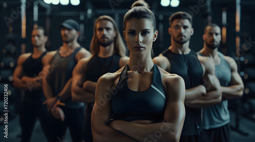 Group of athletic men and women stand together in the background of a gym 