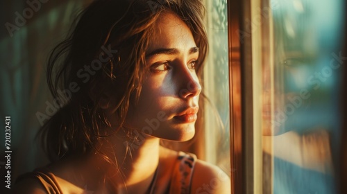 A mesmerizing portrait of a pensive woman gazing out a window, her long hair framing her delicate features as she contemplates the world beyond