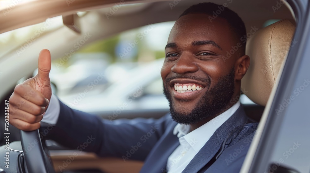 Cheerful African American businessman giving a thumbs up from the driver's seat of a car Cheerful African American businessman giving a thumbs up from the driver's seat of a car