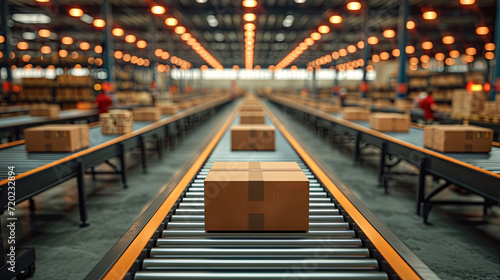 Parceled boxes on a conveyor belt in a busy, well lit warehouse setting © artem