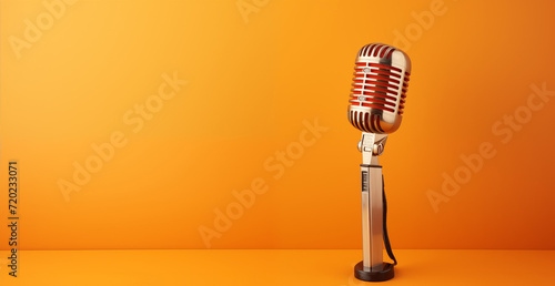 Microphone Stand in Stand-up Comedy Club with Comedian. Banner with place for text photo