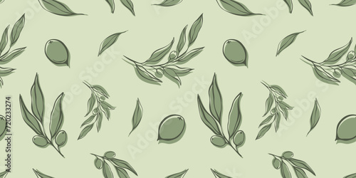 Seamless patterns with Olive Branch in Modern Minimal Liner Style. Vector Floral Backgrounds for Wedding invitations, greeting cards, print on fabric, wallpapers, scrapbooking, gift wrap and more