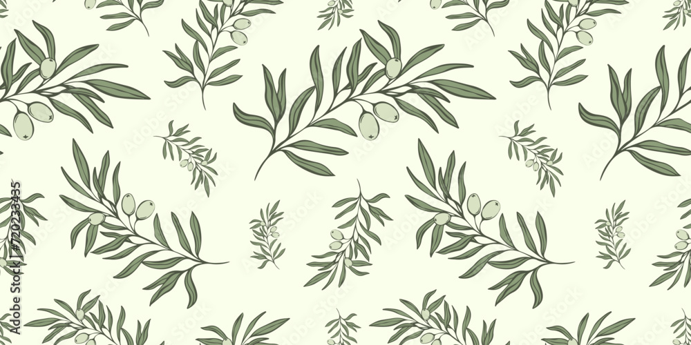 Seamless patterns with Olive Branch in Modern Minimal Liner Style. Vector Floral Backgrounds for Wedding invitations, greeting cards, print on fabric, wallpapers, scrapbooking, gift wrap and more
