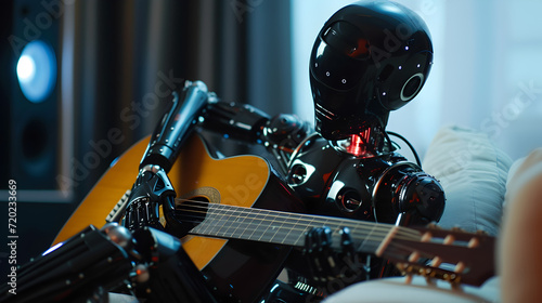 Cinematic photograph of robot playing music AI. Smart robots. Future.