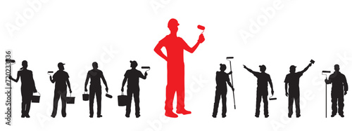Silhouettes of painter in different positions at work. Vector illustration on transparent background