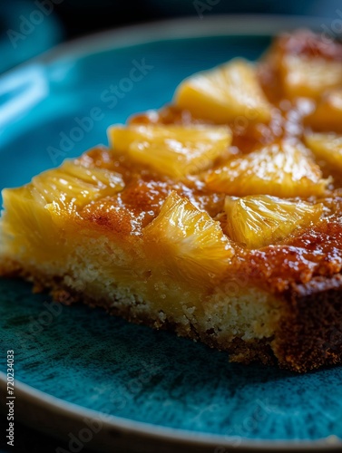 Delicious slice of pineapple upside-down cake on a blue plate