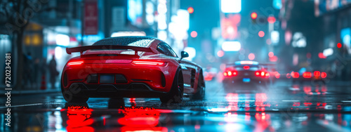 A red sports car speeds through a rain soaked neon lit street © artem