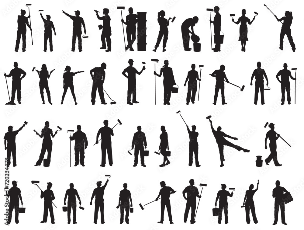 Silhouettes of painter in different positions at work. Vector illustration on transparent background Silhouettes of painter in different positions at work. Vector illustration on transparent background