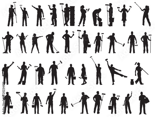 Silhouettes of painter in different positions at work. Vector illustration on transparent background