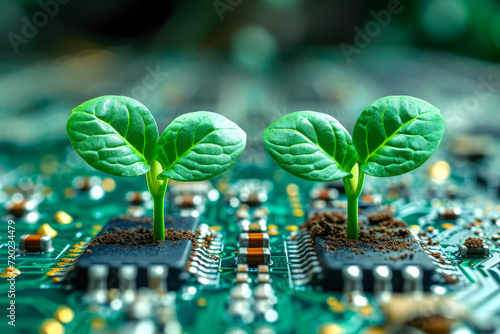 Seedlings growing from computer chips concept illustration. 