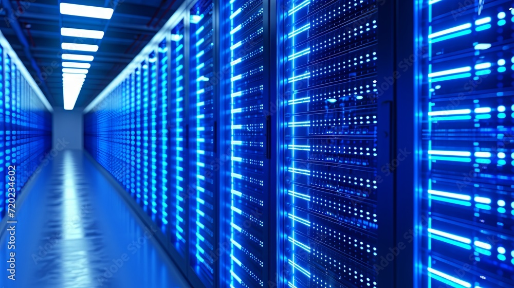 Obraz premium Blue server racks in a data center with big data concept glowing lights