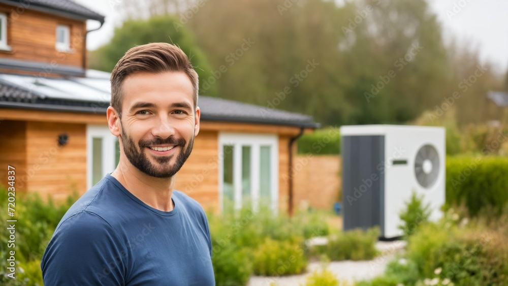 Fototapeta premium smiling man with beard and blue t-shirt, happy earth tone photo of a wooden house with green garden and air conditioning unit