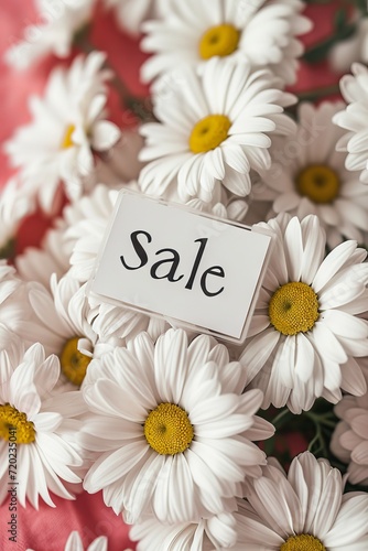White daisies framing a 'sale' sign, a commercial floral arrangement