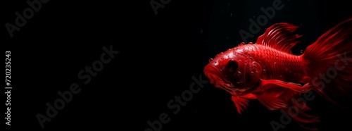 Red fish wallpaper on black background banner. Vivid ruby watery fauna animal. Generate ai