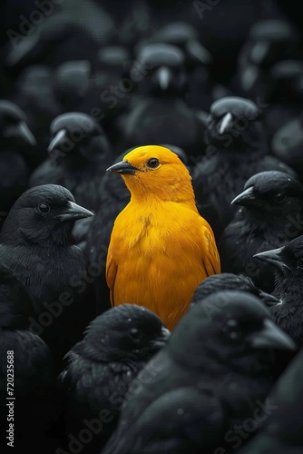 A vibrant yellow bird stands out in a flock of black birds