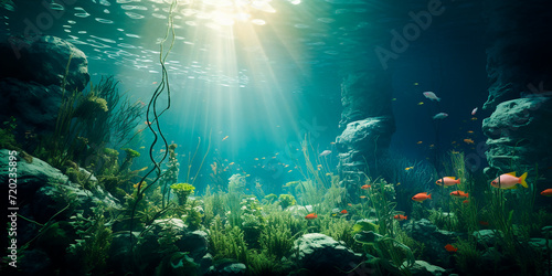 The sun's rays make their way to the seabed. Photorealistic image of the underwater world © Татьяна Гончарук