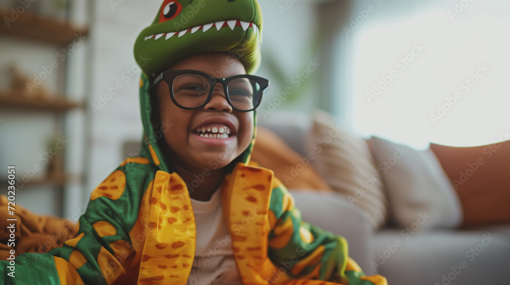 Young black child in fancy dress wearing a dinosaur costume for a children's party. AI generated