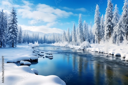 frozen river in winter. winter landscape in the mountains © George Designpro