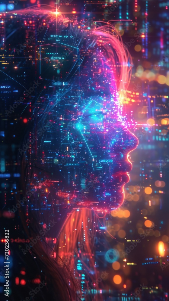 Obraz premium A digital representation of a human profile with vibrant cybernetic patterns