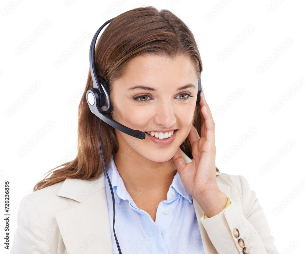 Customer service, headset or face of happy woman on business communication, telemarketing or help desk advisory. Tech support studio, microphone or professional consultant talking on white background Customer service, headset or face of happy woman on business communication, telemarketing or help desk advisory. Tech support studio, microphone or professional consultant talking on white background