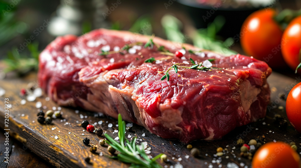 Fresh meat with ingredients for cooking on dark table. selective focus. Generative AI, Fresh meat with ingredients for cooking on dark table. selective focus. Generative AI,