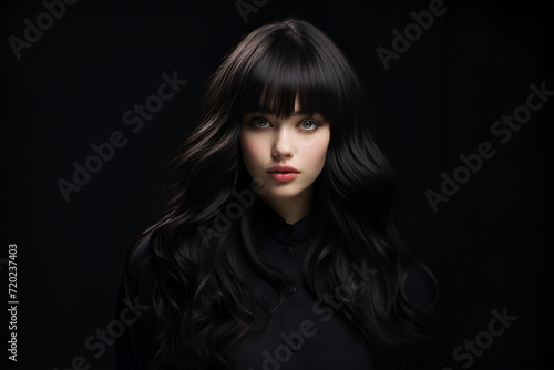 Vogue style close-up portrait of beautiful woman with long curly blond hair on black background © Nadezda Ledyaeva